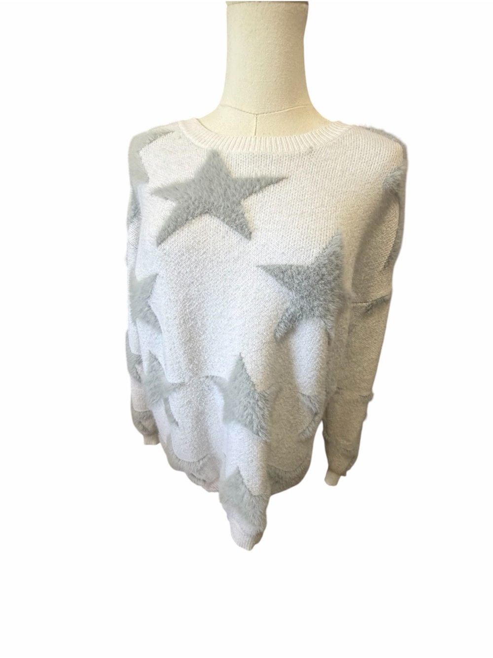 Macaron Cozy Star-Pattern Crewneck Sweater White W/Light Gray Stars Sz S